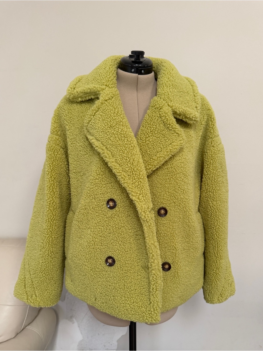 ESQUALO Lime Green Faux Shearling Double-Breasted Jacket